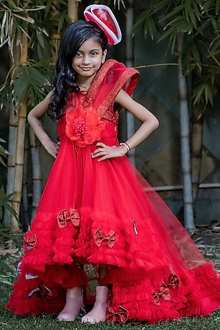 Red Butterfly Net Embellished Gown For Girls by PEAR BEAR