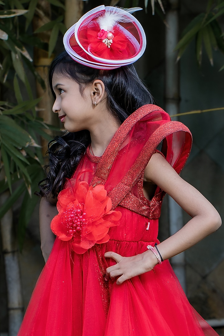 Red Butterfly Net Embellished Gown For Girls by PEAR BEAR at Pernia's Pop Up Shop