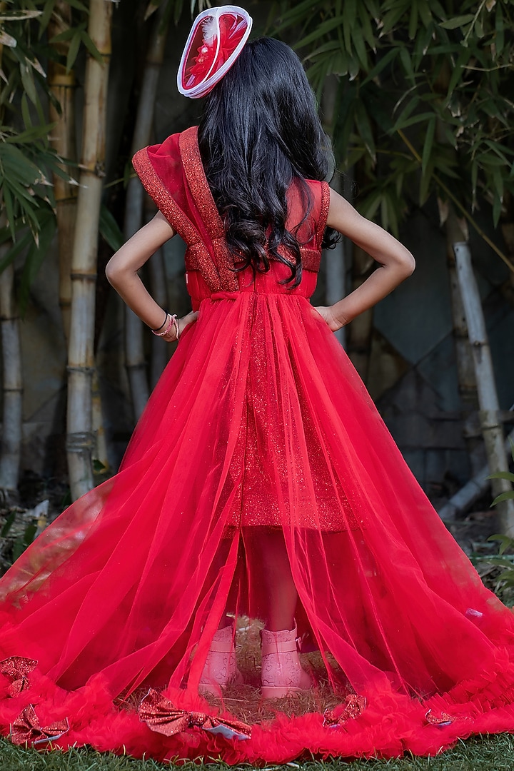 Red Butterfly Net Embellished Gown For Girls by PEAR BEAR at Pernia's Pop Up Shop