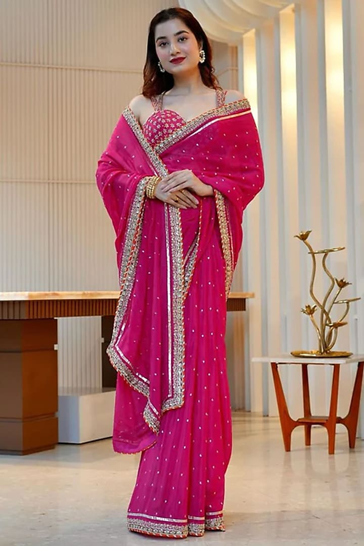 Rani Pink Georgette Zardosi Embroidered Wedding Saree Set by GOPI VAID at Pernia's Pop Up Shop