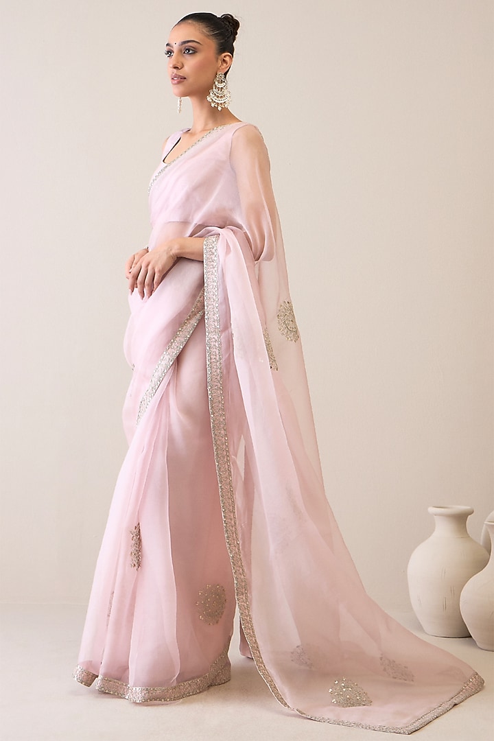 Light Mauve Silk Organza & Viscose Raw Silk Sequins Hand Embroidered Wedding Saree Set by RoohbyRidhimaa at Pernia's Pop Up Shop