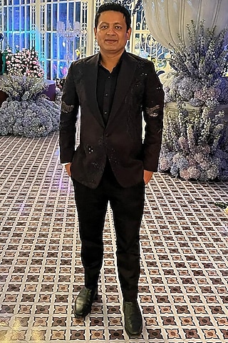 Black Suede Embroidered Tuxedo Set by Jatin Malik