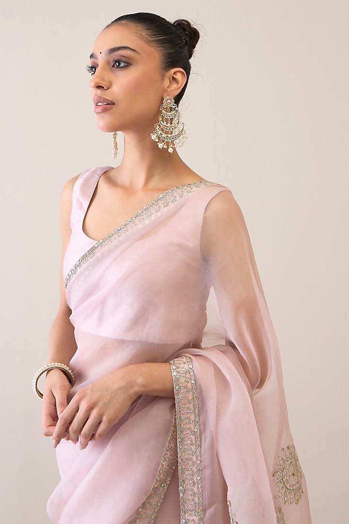Light Mauve Silk Organza & Viscose Raw Silk Sequins Hand Embroidered Wedding Saree Set by RoohbyRidhimaa at Pernia's Pop Up Shop