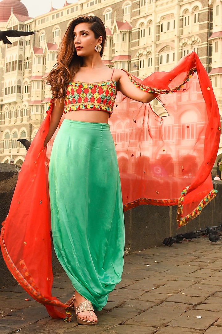 Aqua Green Satin Draped Skirt Set by Nitara Dhanraj Label