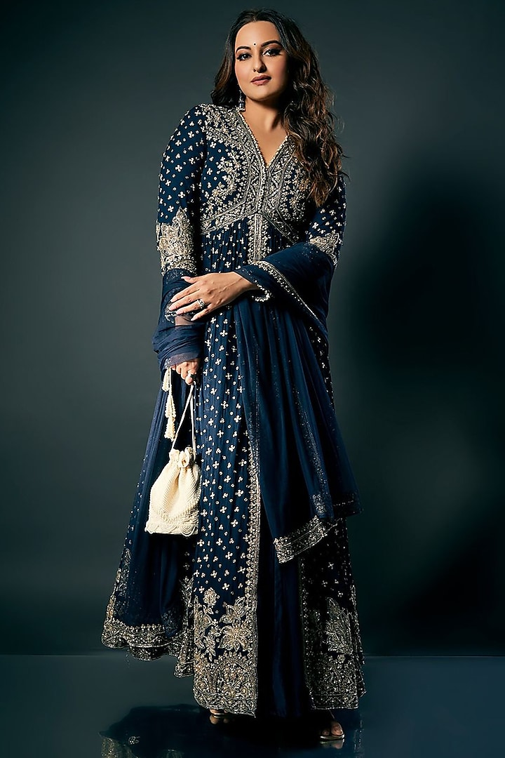 Navy Silk Embroidered Bridal Anarkali Set by Ridhi Mehra at Pernia's Pop Up Shop