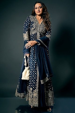 Navy Silk Embroidered Anarkali Set by Ridhi Mehra