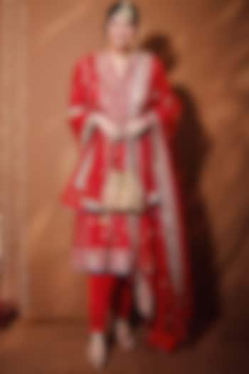 Red Tussar Hand & Machine Embroidered Wedding Anarkali Set by GOPI VAID at Pernia's Pop Up Shop