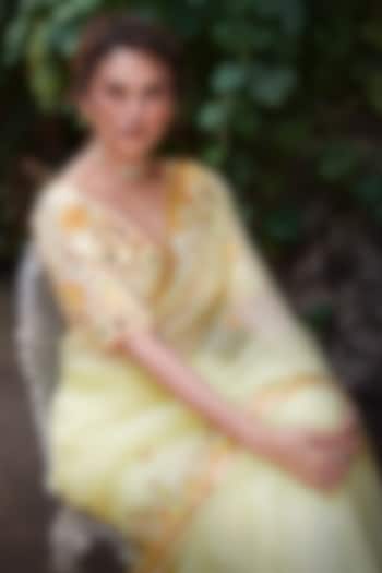 Yellow Organza Embroidered Wedding Saree Set by GOPI VAID at Pernia's Pop Up Shop