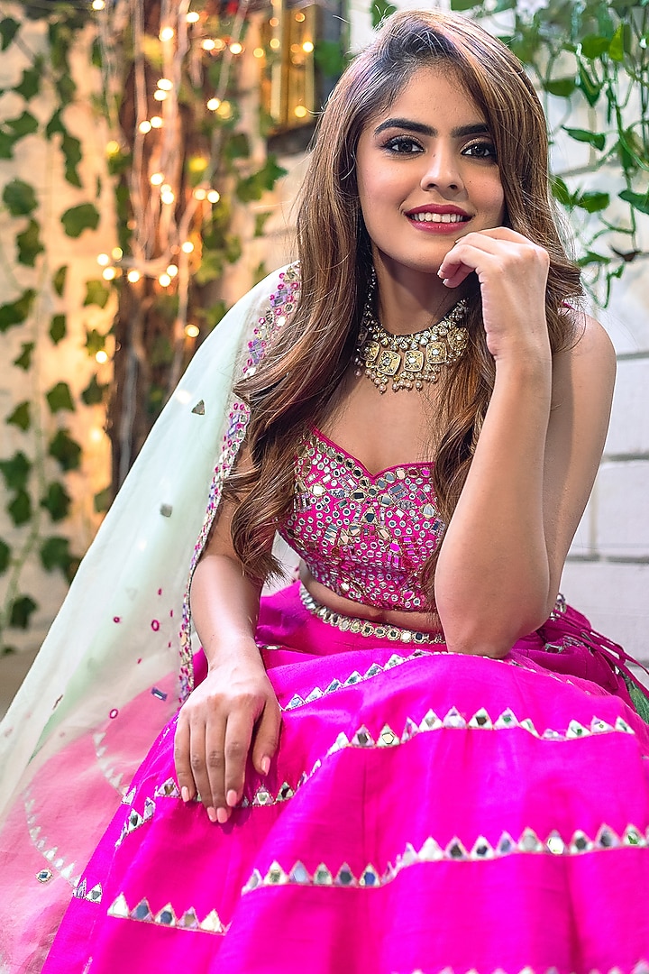 Hot Pink Mirror Embroidered Wedding Lehenga Set by Nitara Dhanraj Label at Pernia's Pop Up Shop