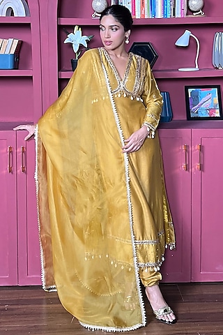 Honey Yellow Chanderi Sequins Embroidered & Printed Kurta Set by Seeaash