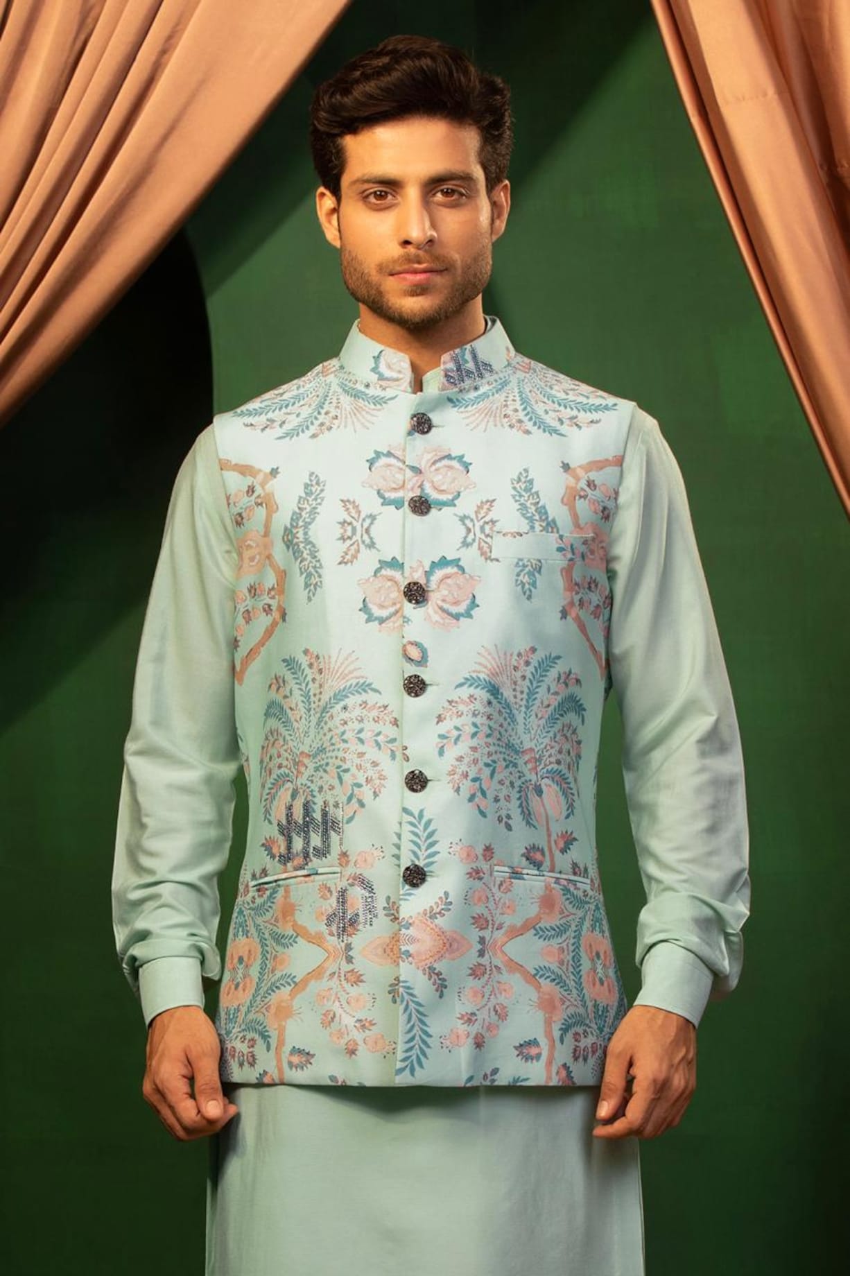 Groom Nehru Jacket Sky Blue Silk Bead Embroidered Digital Printed