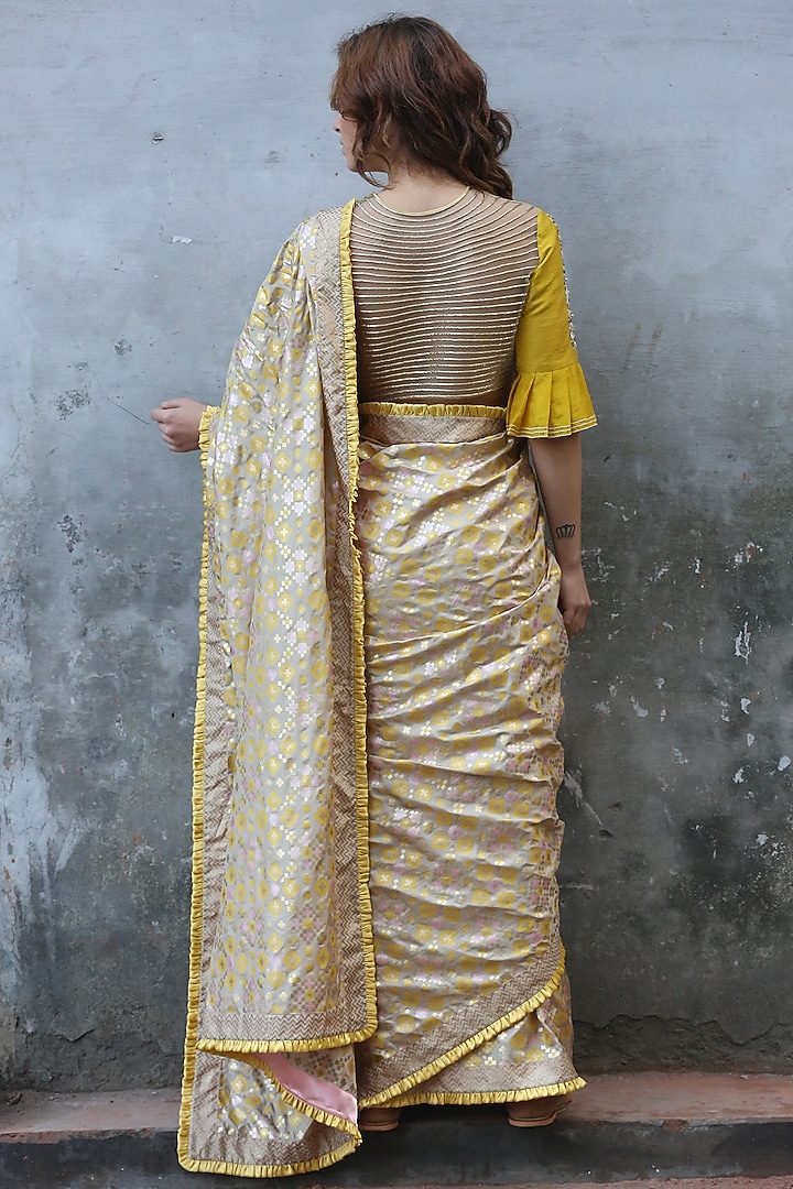 Beige Gold Printed Wedding Saree Set by I AM DESIGN at Pernia's Pop Up Shop