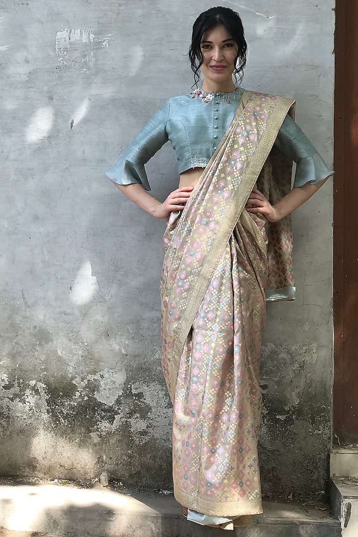 Beige Silk Ikat Printed Wedding Saree Set by I AM DESIGN at Pernia's Pop Up Shop