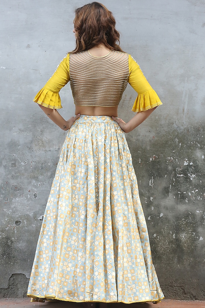 Mint Green & Mustard Printed Wedding Lehenga Set by I AM DESIGN at Pernia's Pop Up Shop