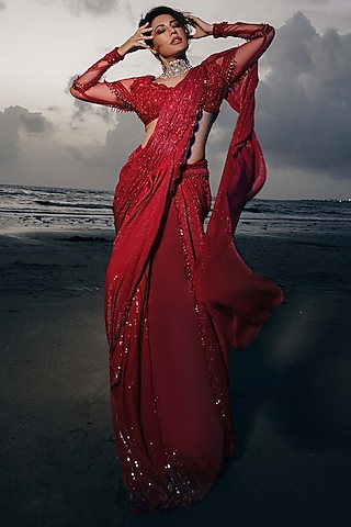 Cherry Red Metallic Georgette Floral Embroidered Pre-Draped Saree Set by AWIGNA BY VARSHA & RITTU