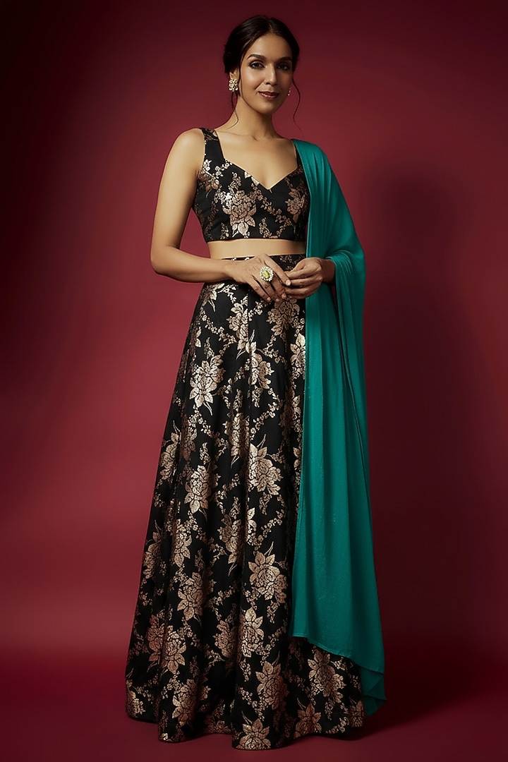 Black Metallic Polyester Foil Printed Lehenga Set by Phatakaa at Pernia's Pop Up Shop