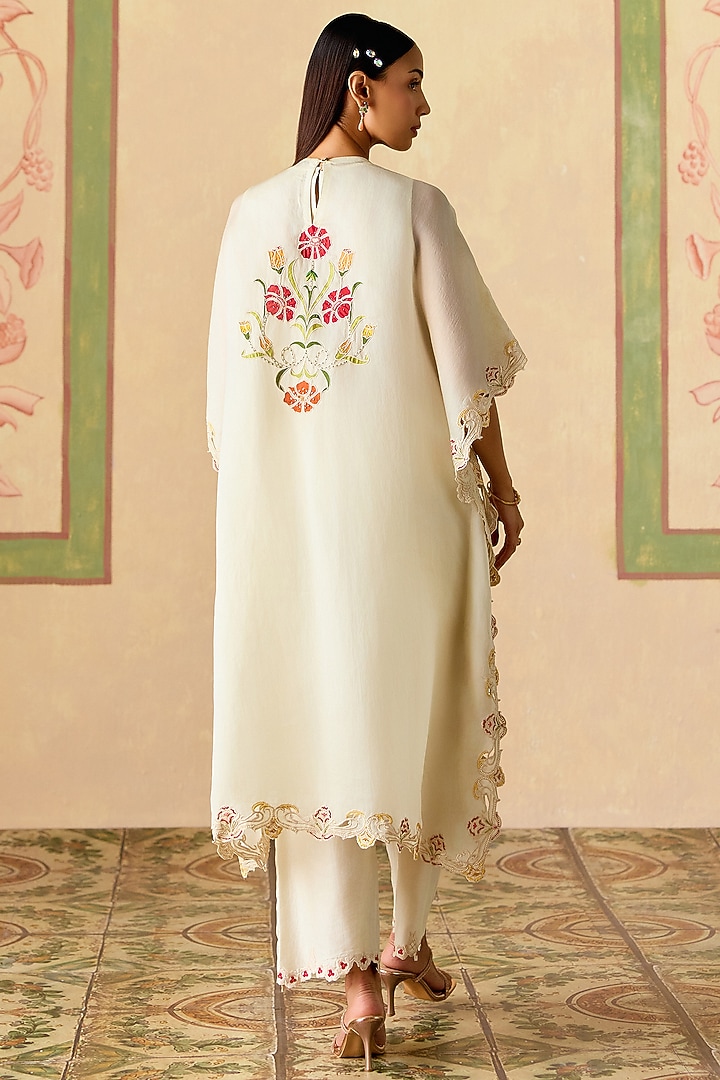 Ivory Chanderi Floral Threadwork Tulip Pants by Chandrima at Pernia's Pop Up Shop