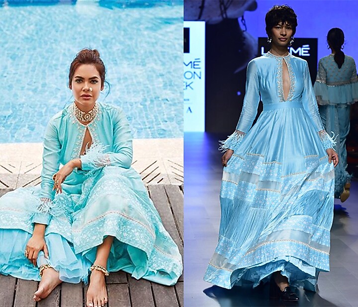 Aqua feather cuff printed anarkali available only at Pernia's Pop Up Shop.