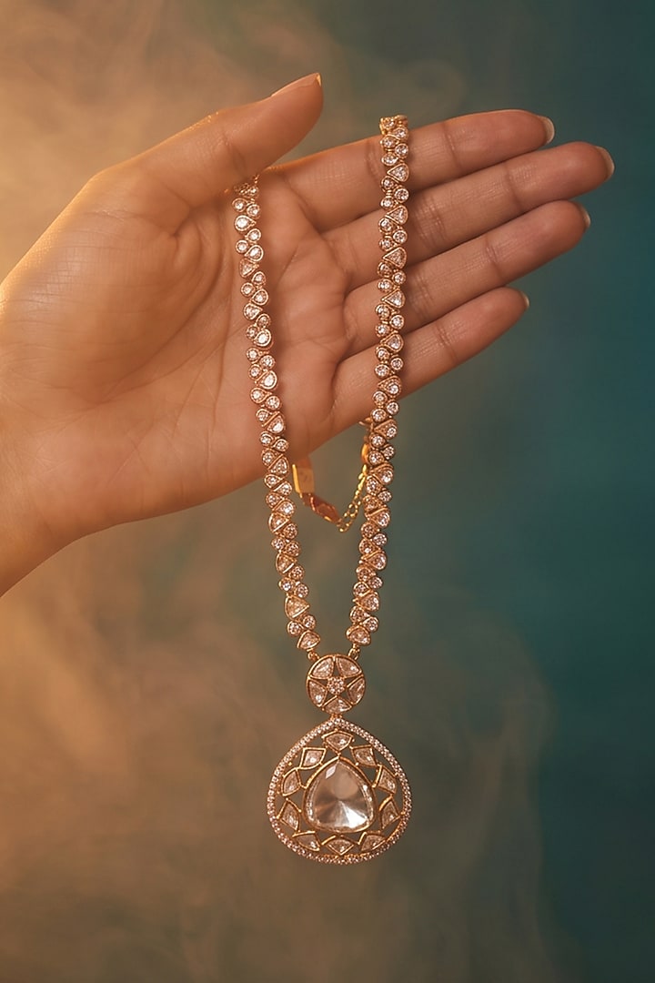 Gold Finish Moissanite Kundan Polki Necklace Set by Tussya at Pernia's Pop Up Shop