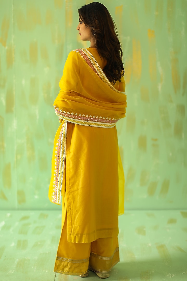 Ochre Yellow Embroidered Kurta Set by POULI at Pernia's Pop Up Shop