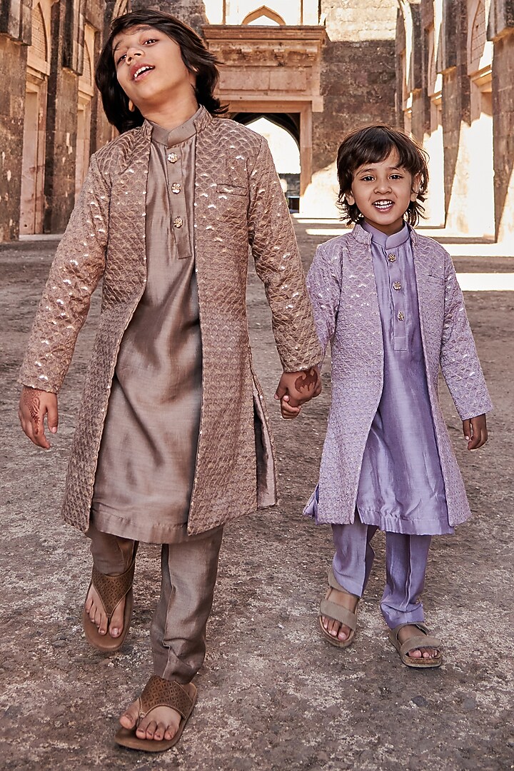 Brown Banglore Silk Achkan Jacket With Kurta Set by All Boy Couture at Pernia's Pop Up Shop