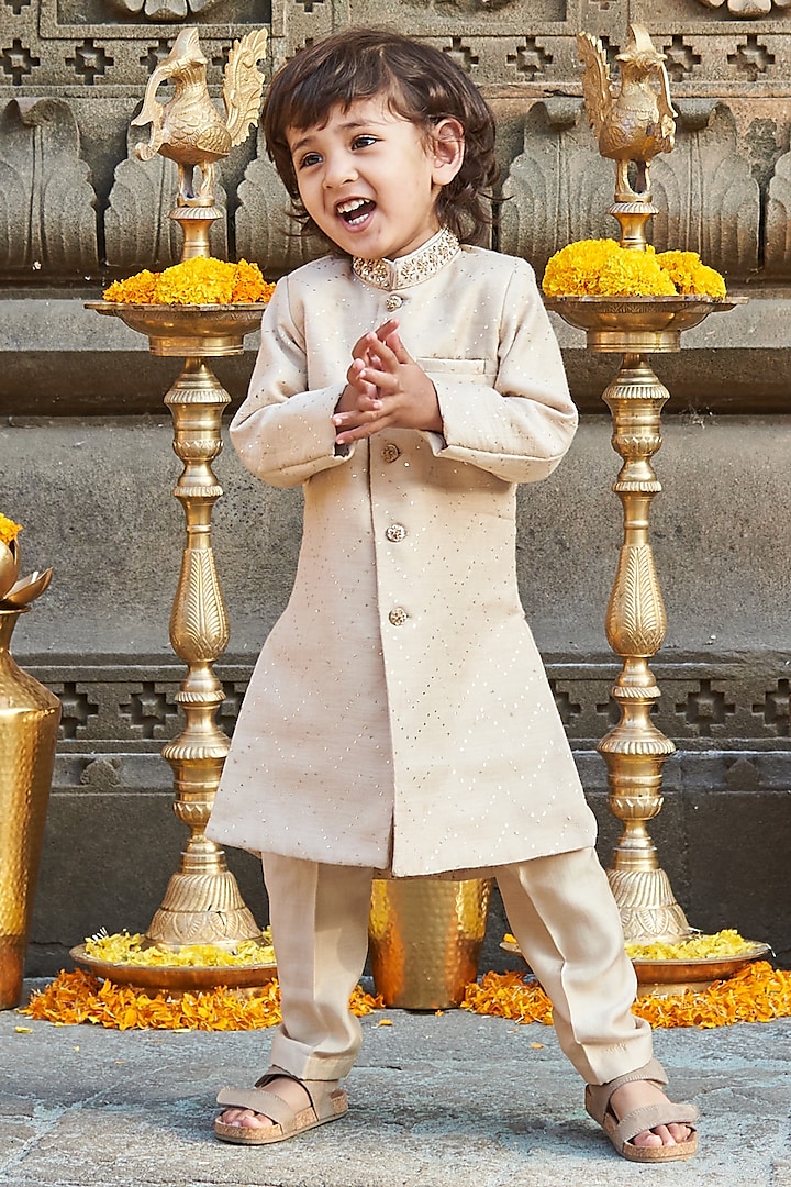 Beige Embroidered Achkan Jacket Set For Boys by All Boy Couture