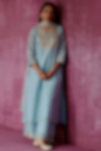 Powder Blue Embroidered Kurta Set by POULI at Pernia's Pop Up Shop