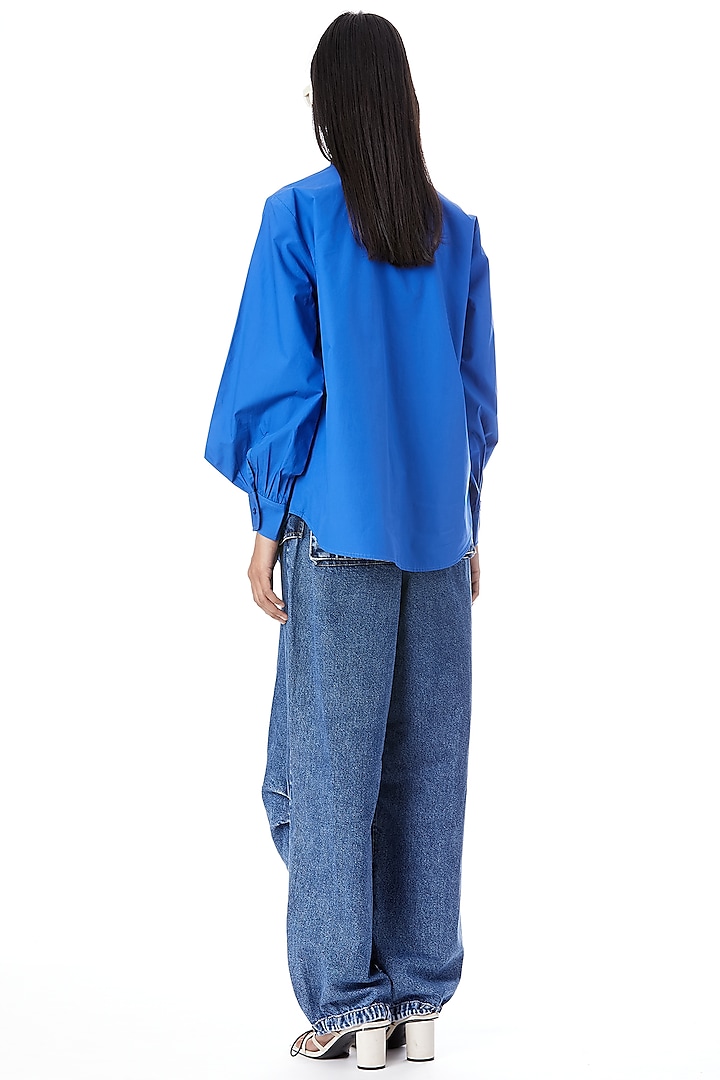 Blue Cotton Hand Embellished Shirt by Kanika Goyal at Pernia's Pop Up Shop