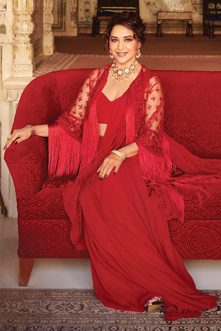 Red Georgette Embroidered Jacket Saree Set by Ridhi Mehra