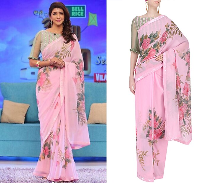 Pink floral hand painted saree available only at Pernia's Pop Up Shop.
