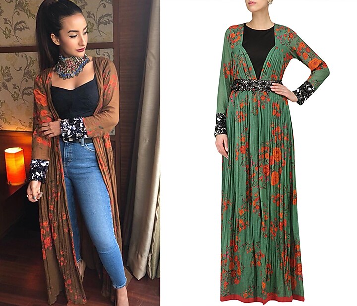 Green and red berry floral print cape jacket and black sleeveless jumpsuit set available only at Pernia's Pop Up Shop.