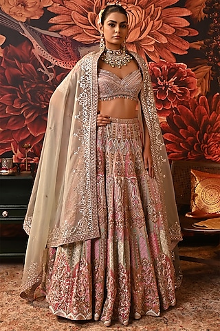 Multi-Colored Zari Brocade Printed & Embroidered Lehenga Set by MOLEDRO