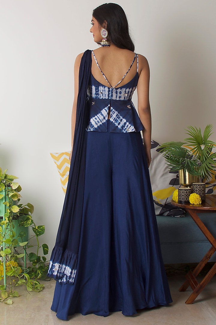 Dark Midnight Blue Chiffon Palazzo Pant Set by Dhwaja at Pernia's Pop Up Shop