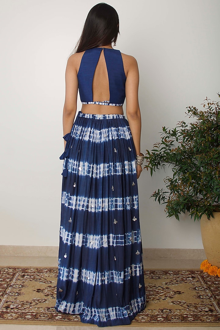 Dark Midnight Blue Tie-Dye Pleated Skirt Set by Dhwaja at Pernia's Pop Up Shop