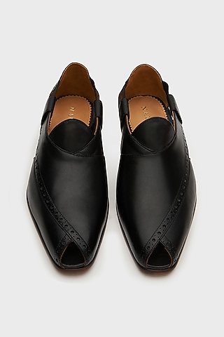 Black Leather Peshawari Sandals by Nauvab