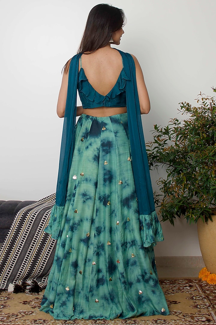 Bluish Green Tie-Dye Lehenga Set by Dhwaja at Pernia's Pop Up Shop