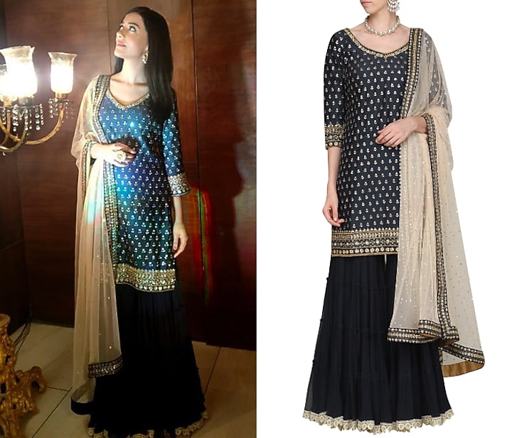 Dark blue embroidered kurta with gharara pants set available only at Pernia's Pop Up Shop.