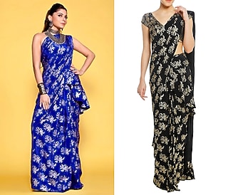 Black Pre-Stitched Ruffles Printed Saree with Blouse Piece by Masaba