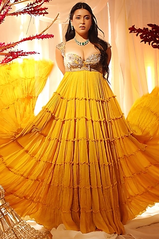 Bright Yellow Raw Silk Floral Hand Embroidered Tiered Anarkali Set by Anu Pellakuru