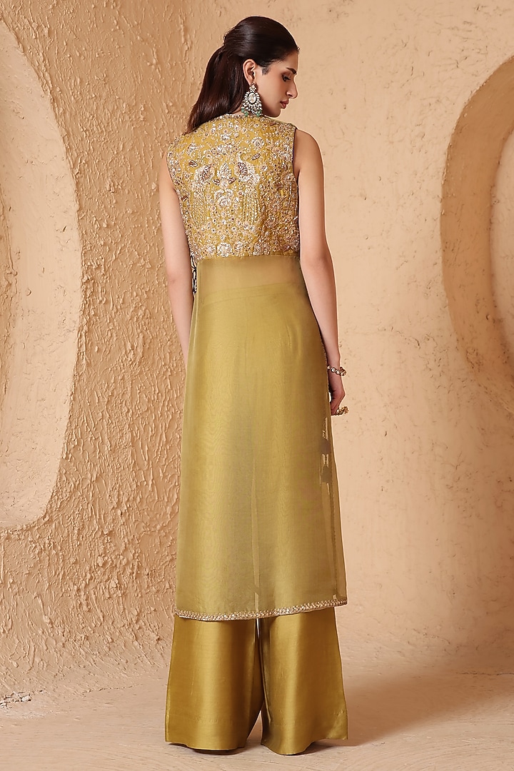 Olive Green Organza Zardosi Embroidered Sleeveless Kurta Set by Niti Bothra at Pernia's Pop Up Shop