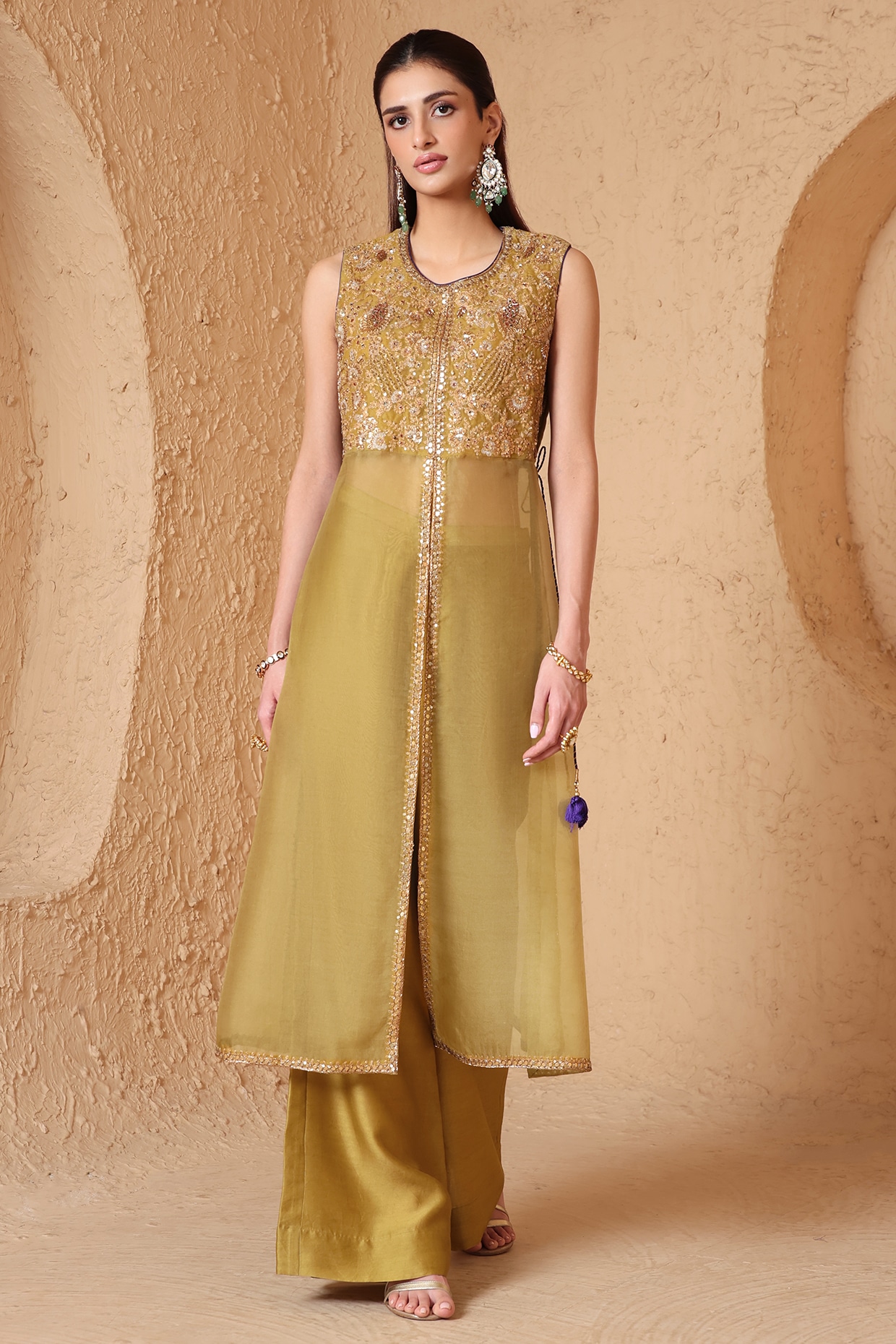 Niti Bothra Olive Green Organza Zardosi Embroidered Sleeveless Kurta Set