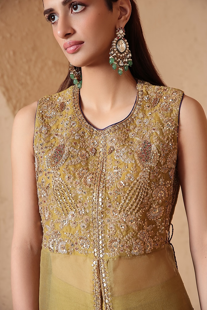 Olive Green Organza Zardosi Embroidered Sleeveless Kurta Set by Niti Bothra at Pernia's Pop Up Shop