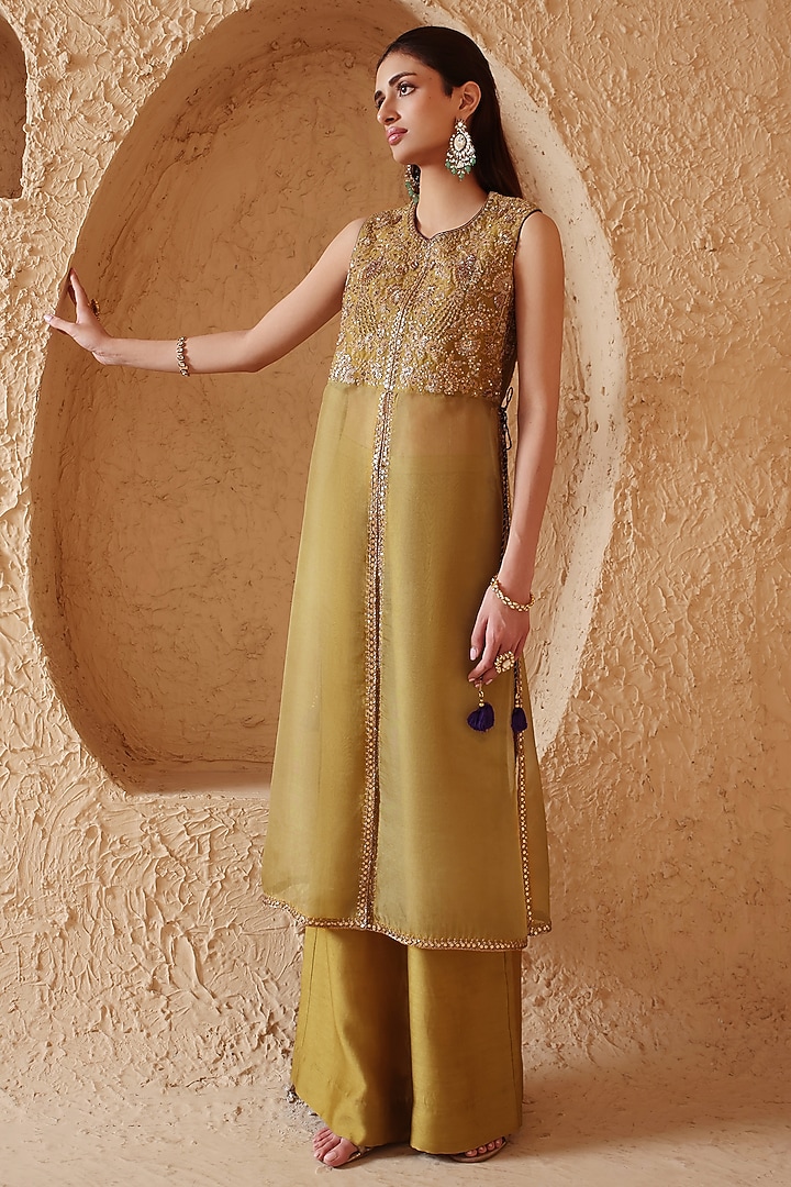 Olive Green Organza Zardosi Embroidered Sleeveless Kurta Set by Niti Bothra at Pernia's Pop Up Shop