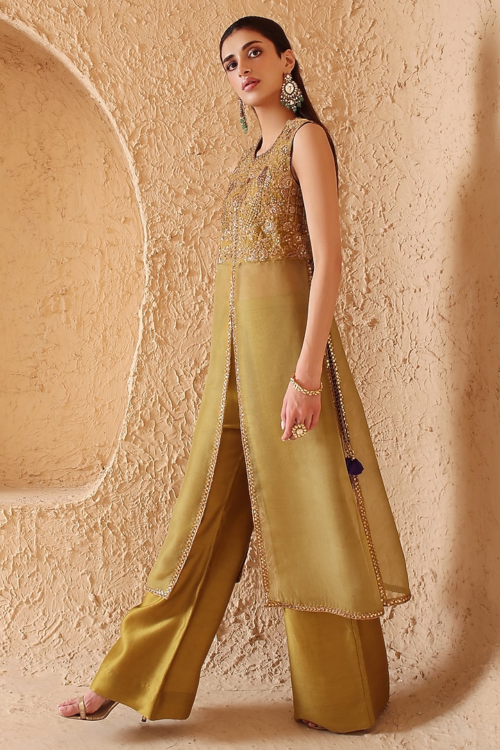Olive Green Organza Zardosi Embroidered Sleeveless Kurta Set by Niti Bothra at Pernia's Pop Up Shop