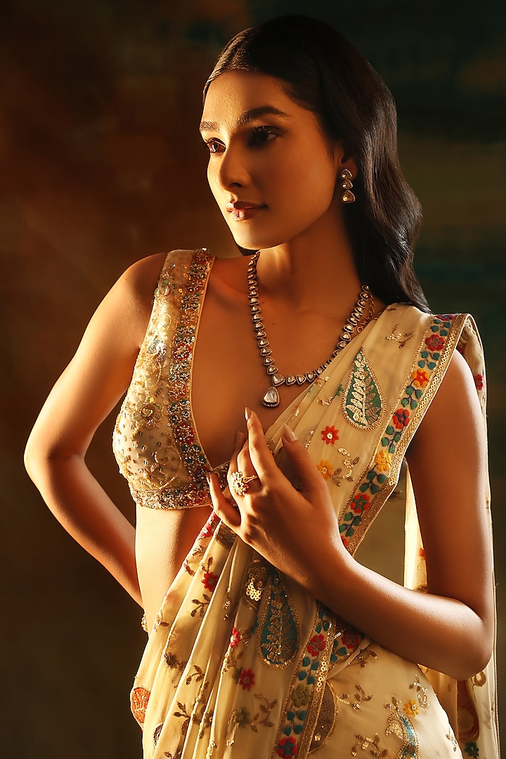 Ivory Net & Georgette Sequins Work Wedding Saree Set by MeenaGurnam at Pernia's Pop Up Shop