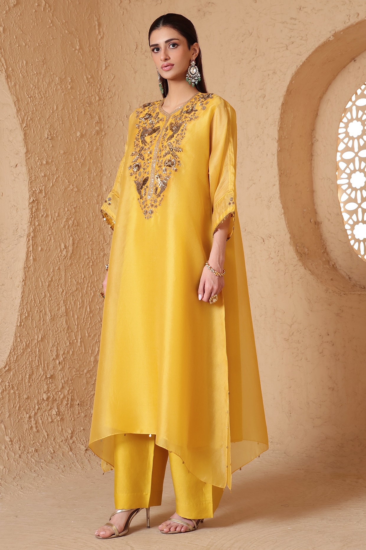 Niti Bothra Yellow Organza & Silk Tencel Zardozi Embroidered Kurta Set