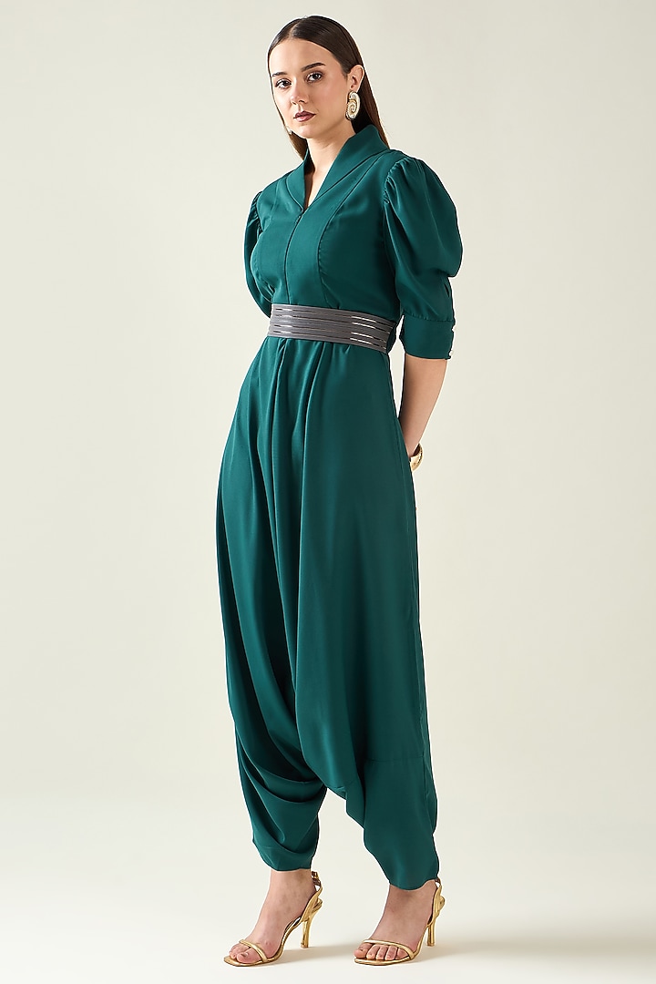 Green Moss Crepe Jumpsuit With Belt by Aakaar at Pernia's Pop Up Shop