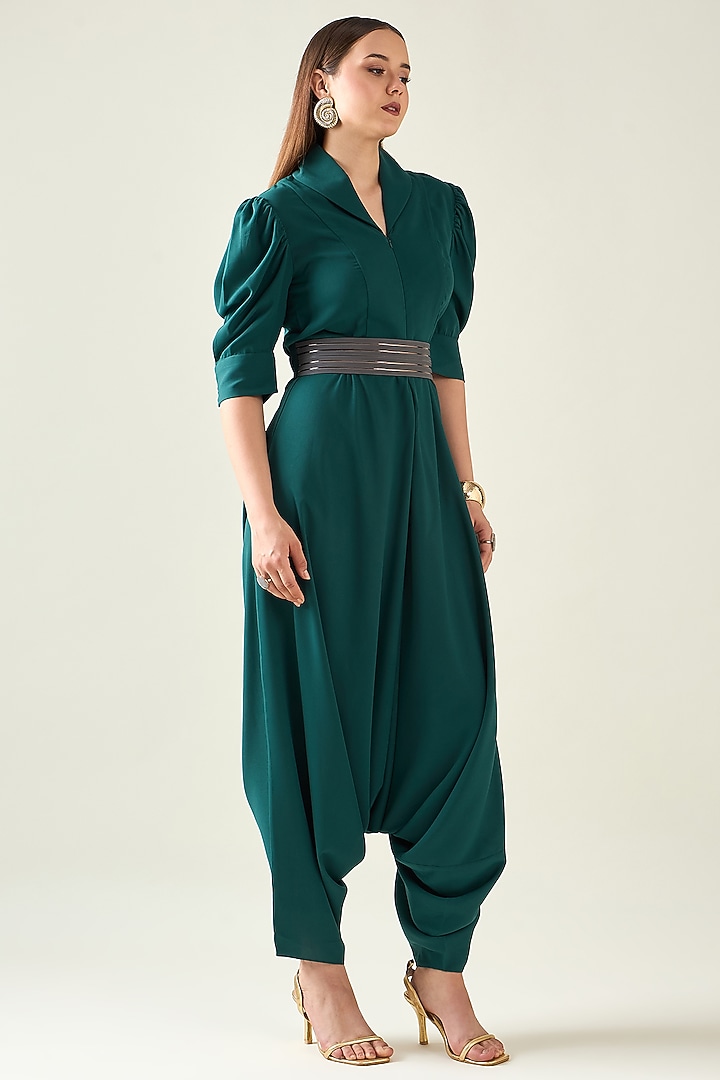 Green Moss Crepe Jumpsuit With Belt by Aakaar at Pernia's Pop Up Shop
