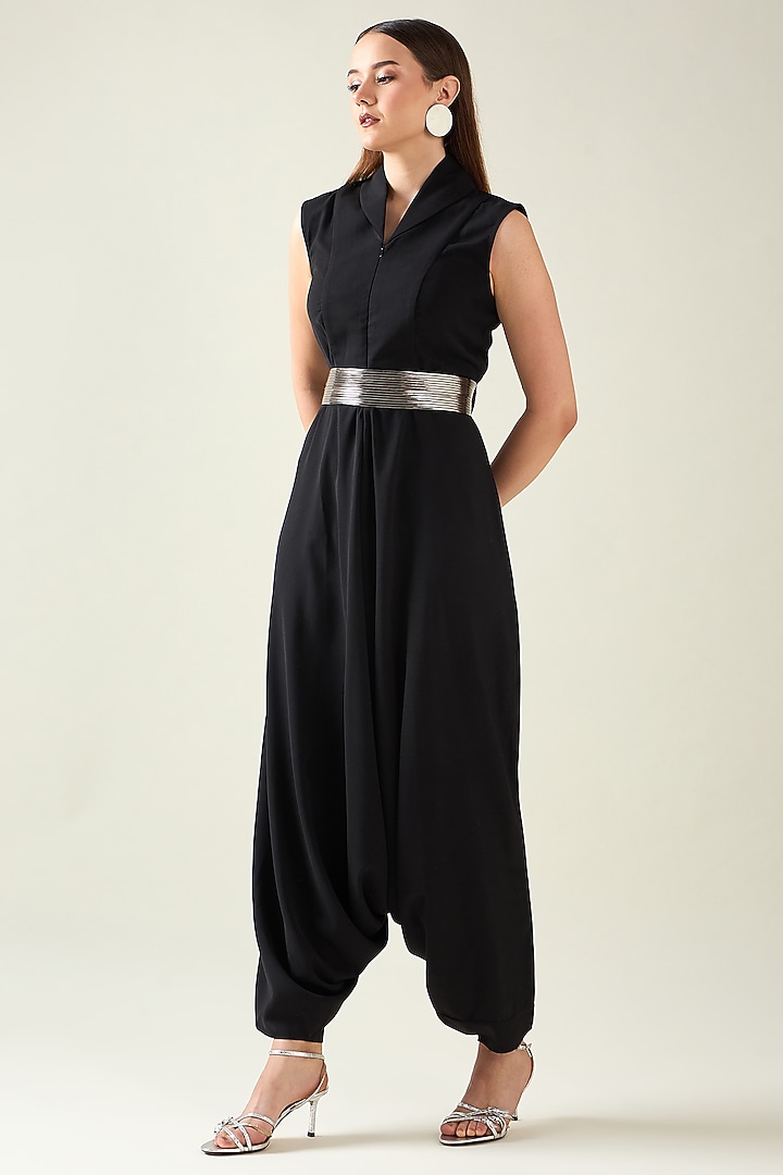 Black Moss Crepe Jumpsuit With Belt by Aakaar at Pernia's Pop Up Shop
