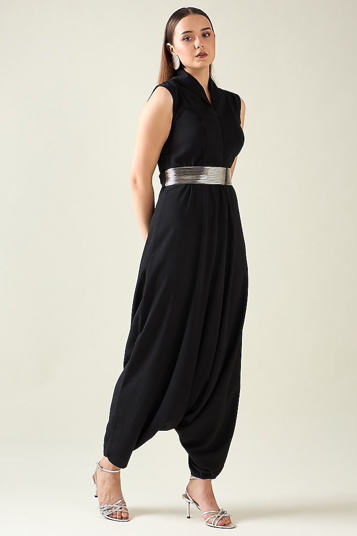 Black Moss Crepe Jumpsuit With Belt by Aakaar at Pernia's Pop Up Shop